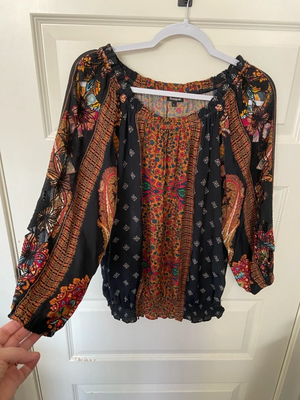 Desigual Off-Shoulder Boho Floral Patchwork Top in Black and Rust - Picture 10 of 11